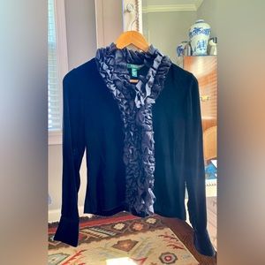 Lauren Ralph Lauren Petite Black Velvet Button Down Blouse with Ruffle Collar 2P